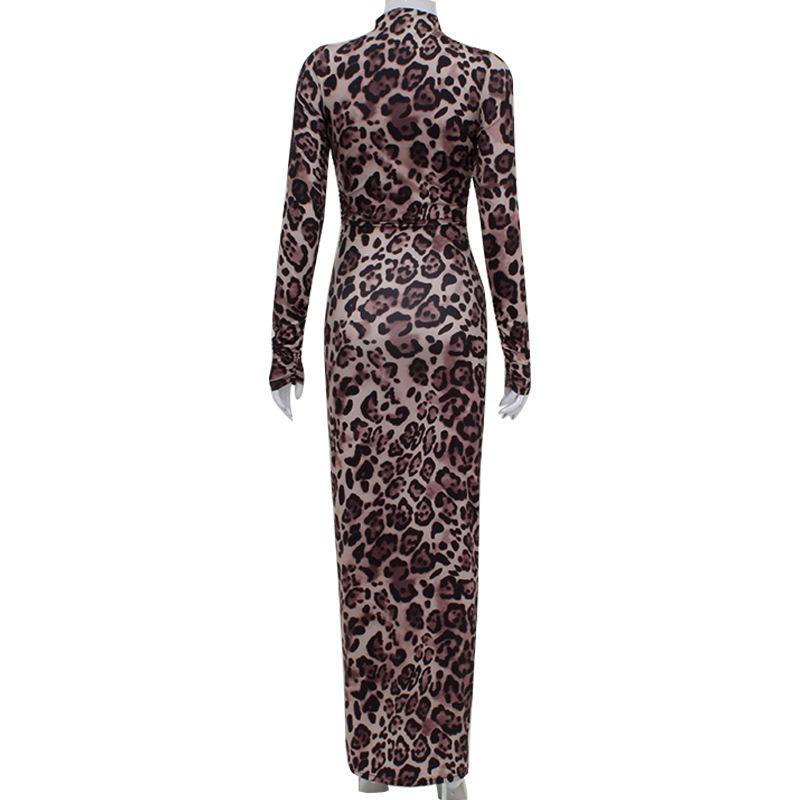 Women's Printed Round Neck Long Sleeve Sexy Spice Club Fashion Senior Leopard Print Sheath Dress