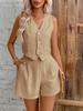 European-American Linen Tank Top & Shorts Commute Set – V-Neck Spring/Summer Women's Casual Wear