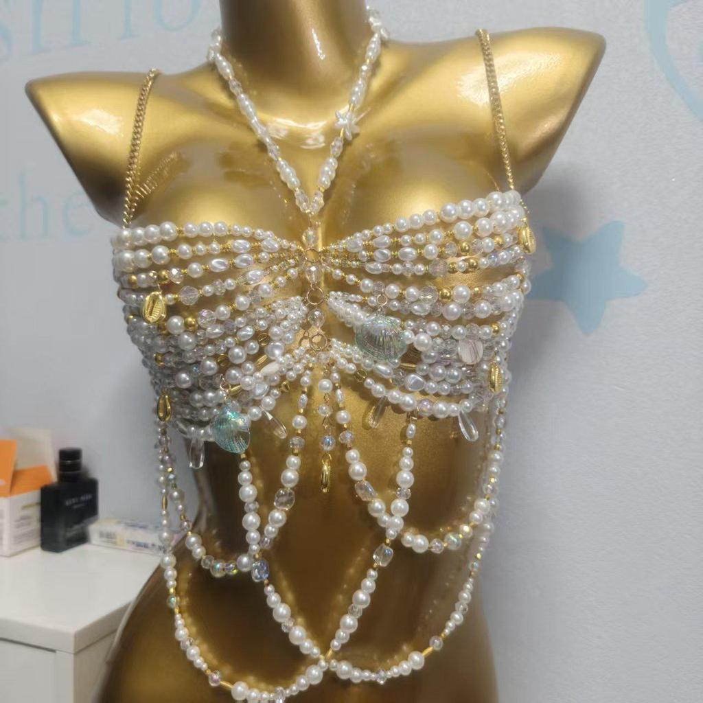 European Style Beaded Tassel Chest Chain Strappy Women's Vest for Beach Parties