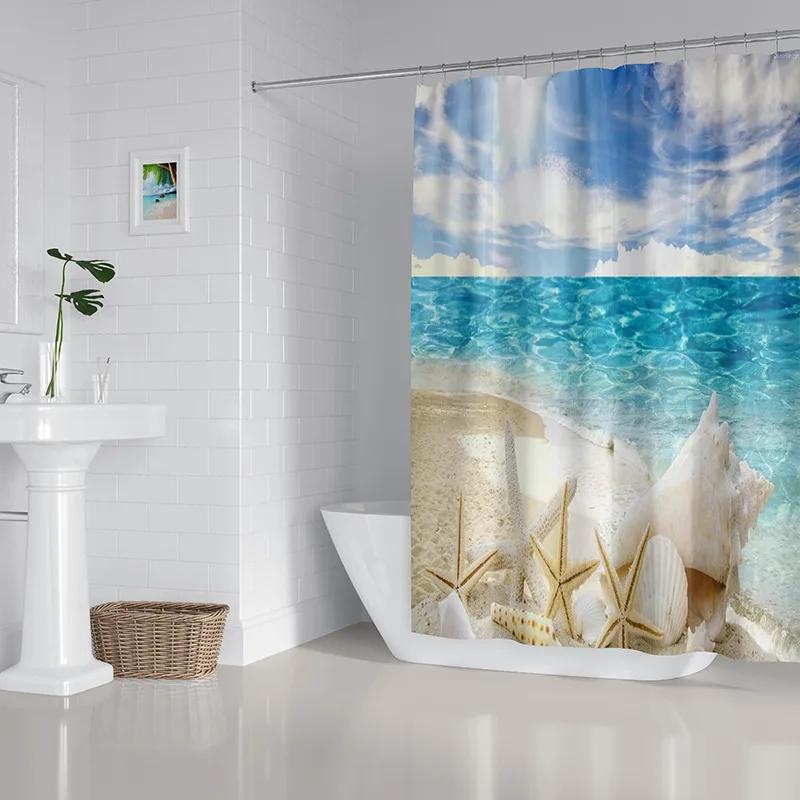 2022 New Shower Curtain Starfish Beach Pattern Bathroom Partition Waterproof  Coconut Sea View Polyester