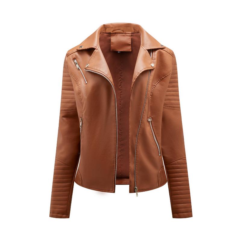 Short Leather Jacket for Women, Slim Fit, Lapel Motorcycle Jacket, Oblique Zipper Jacket, Women's Coat
