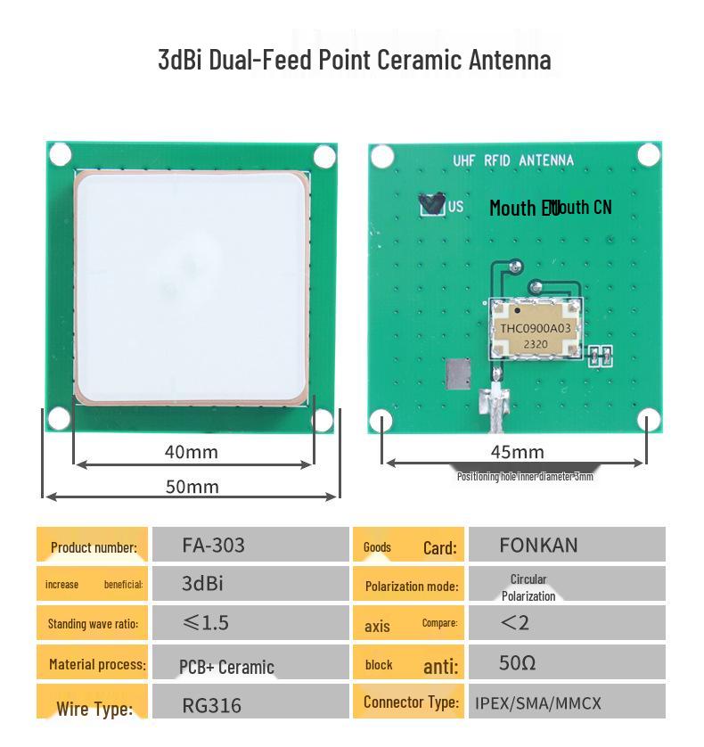 4dBi Dual-Feed Ceramic UHF RFID Antenna for Extended Range, Internal 60cm/External 70cm