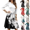 Vestidos Casuais Femininos com Cós, Manga Sete Quartos, Gola Redonda, Estampados Florais e Fluidos