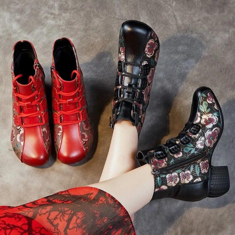 Johnature Moteriški trumpi batai etninio stiliaus storu kulnu minkštu padu margintu apvaliu pirštu šilti moteriški batai