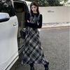 Retro French Plaid Strappy Dress with Long Sleeve Top Set