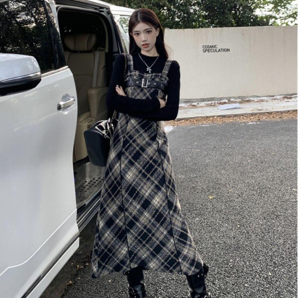 Retro French Plaid Strappy Dress with Long Sleeve Top Set