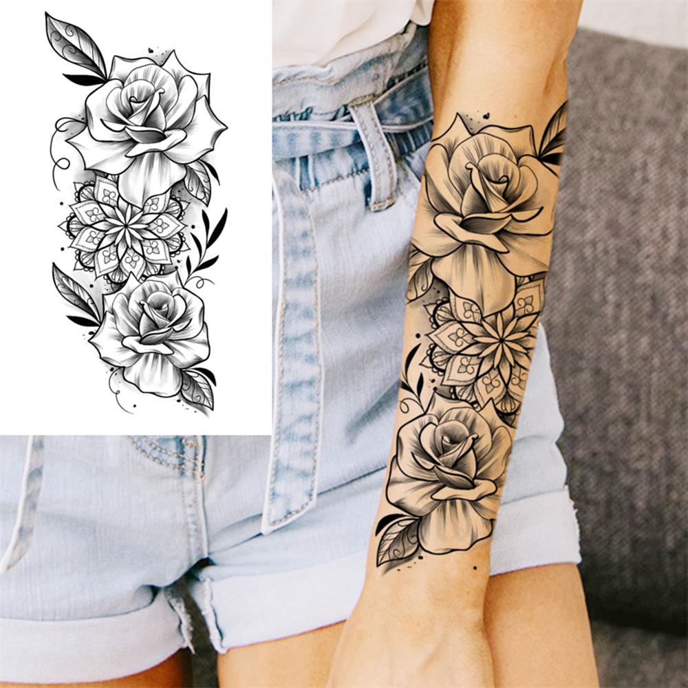 Death Skull Flower Temporary Tattoo For Women Girls Snake Bird Peony Tattoo Sticker Black Fake Blossom Sexy Tatoo Transfer Adult