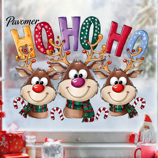 Glass Door Decor Christmas Static Cling Window Stickers, Cartoon Reindeer HOHOHO Art Decals, Surface Embellishments Festive Holiday for Home