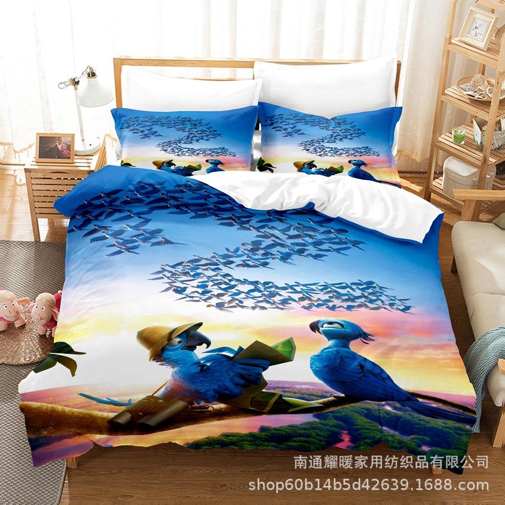 3D Digital Printing Bedding Four-Piece Set Three-Piece Set Parrot Bed Sheet Quilt Pillow