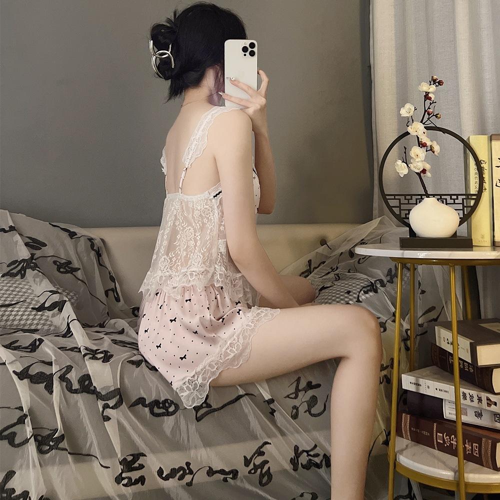Ice silk pajamas female sexy suspenders summer lace hollow backless printing pure desire wind loungewear set with chest pad