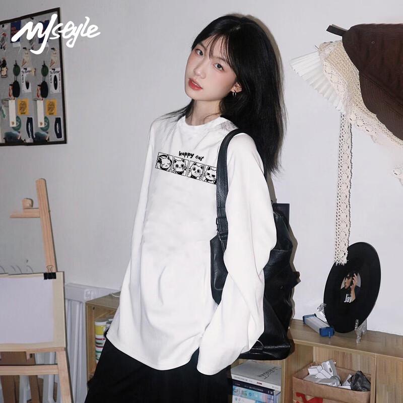 MJ STYLE Women s Kitten Print Long Sleeve Cotton T-Shirt M