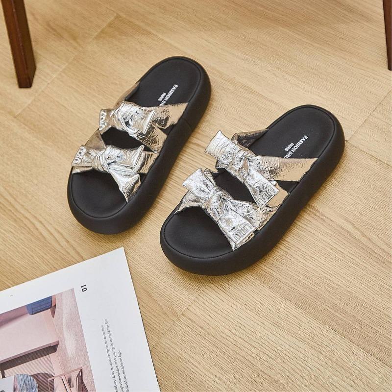 New thick-soled cool slippers for women's fashion and versatile bow open-toed women's casual one-word slippers trendy shoes