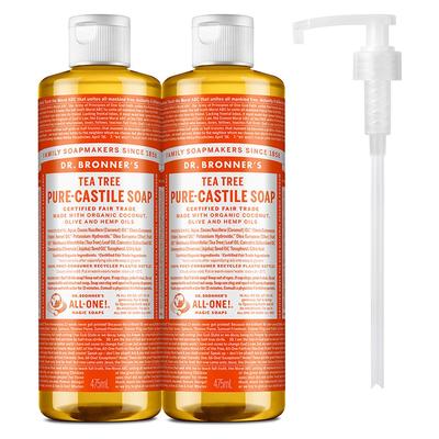 Dr. Bronner's Tea Tree Pure Castile Soap Face Wash Body Cleanser 475ml X 2 + Pump, 1 Set