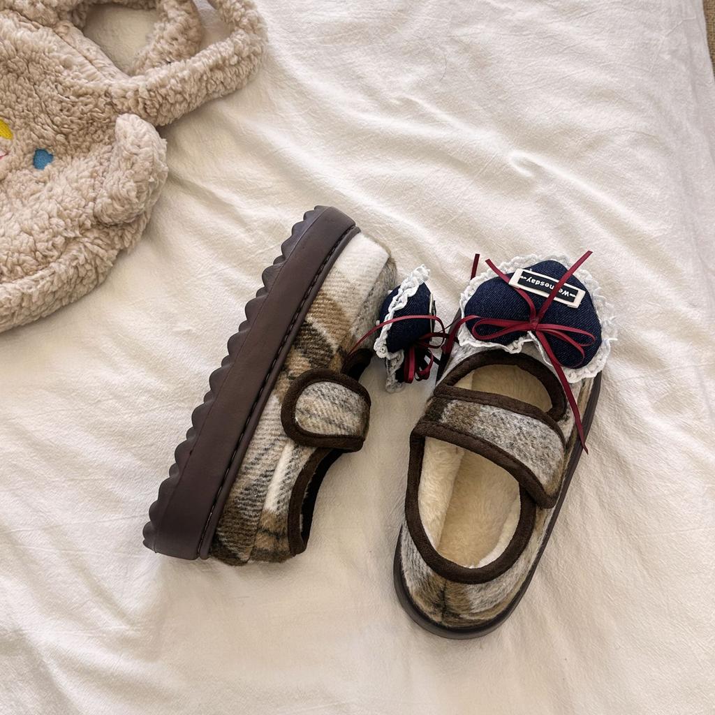 Korean version of cute Mickey plaid cotton shoes for women's 2025 new home warmth and outer wear thick-soled plush cotton shoes