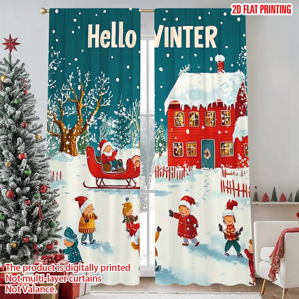 

2pcs 2D flat printing Merry Christmas Scene Curtains Christmas Village_ Durable 100% Polyester Fabric Without Electricity Party 100*130 Grommet Top 1pcs