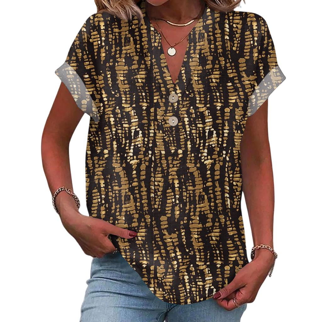 Ladies Casual Fashion V-Neck Button Floral Print Short Sleeve Top