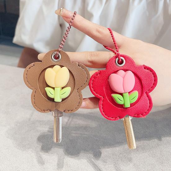 2Pcs Elegant Tulip Key Holder Faux Leather House Shape Keychain
