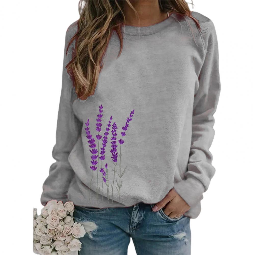 Women Sweatshirt Floral Print O Neck Loose Warm Lady Blouse for Daily Wear