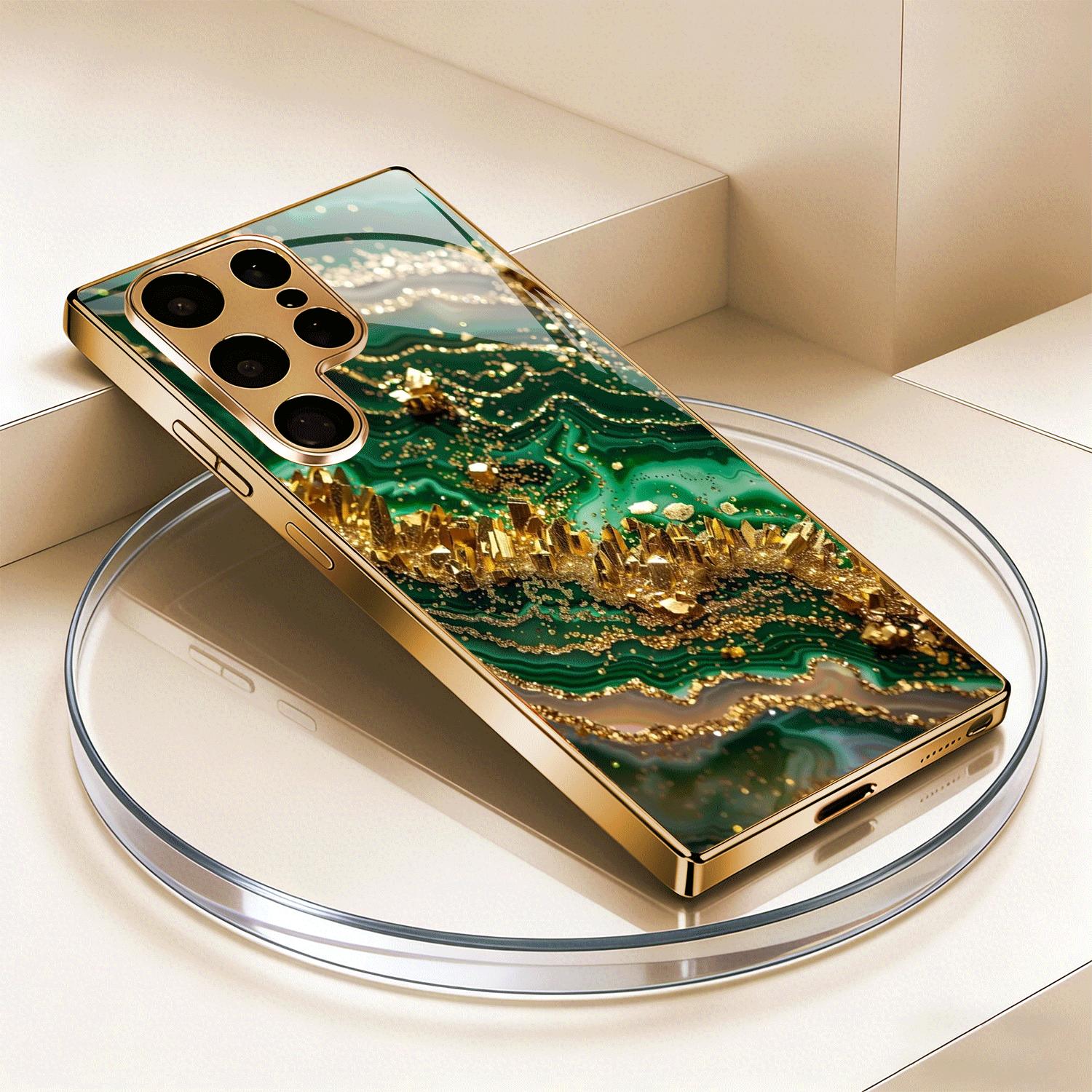 

Позолоченный чехол для телефона из закаленного стекла, совместимый с Galaxy S26 S25 S24 S23 S22 Ultra Plus. Имеет текстурированный дизайн в зелено-золотых тонах. For Galaxy S26