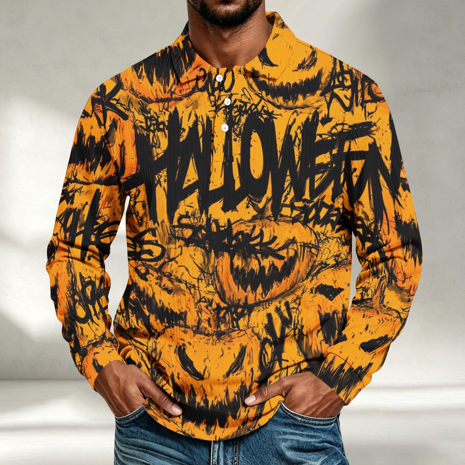 Men s Casual Halloween Printed Long Sleeve Shirt Loose Fit Top S