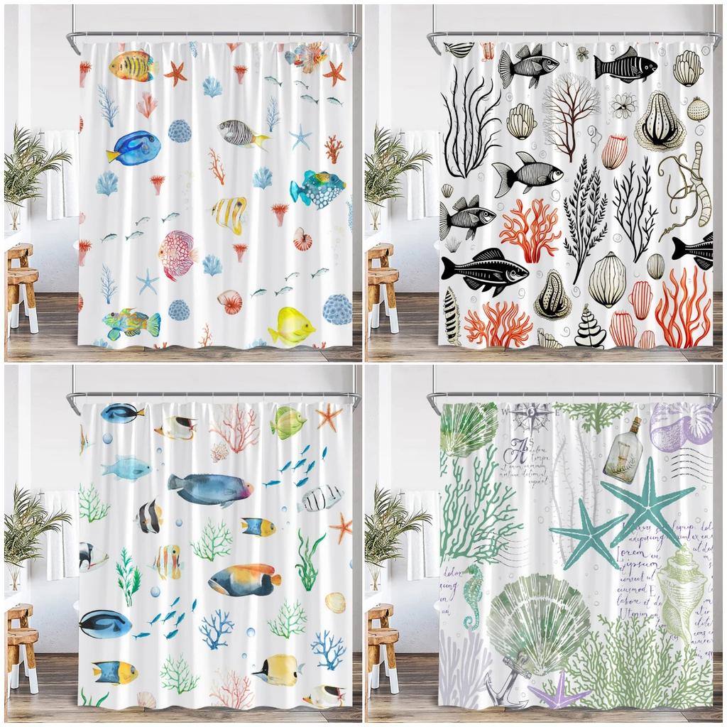 Nautical Cartoon Shower Curtain Tropical Fish Starfish Shell Seaweed Coral Underwater Bathroom Decoration Polyester Bath Curtain