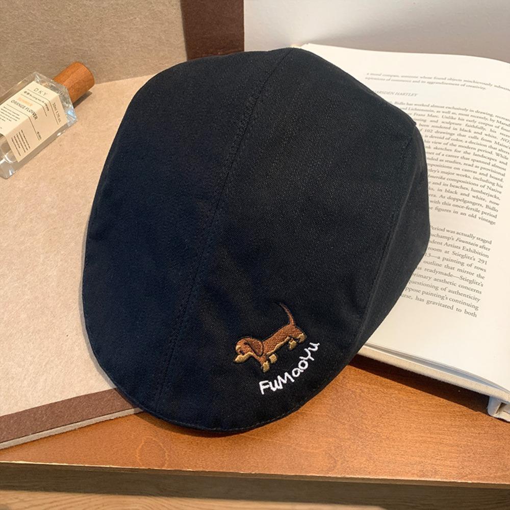 Japanese Style Cartoon Forward Hat Short Brim Painter Hat Puppy Embroidery Berets Cap Outdoor