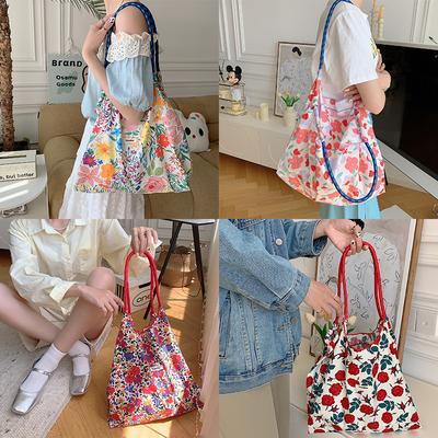 Summer Large-Capacity Shoulder Bag, Drawstring Shopping Bag, Fresh Floral Tote Bag, Underarm Bag.