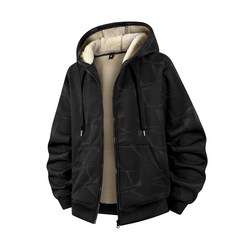 Men's Winter Fashion Casual With Thick Lambskin Fleece Hooded Cardigan Jacket