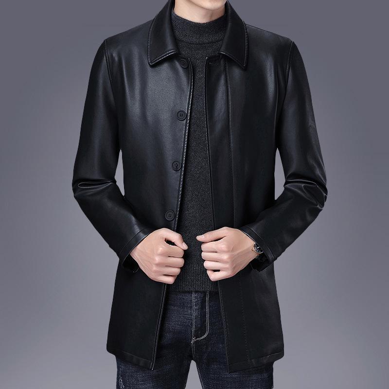 Autumn and Winter Leather Jacket Men's Lapel Jacket Casual Middle-aged and Elderly Medium and Long Velvet Leather Jacket
