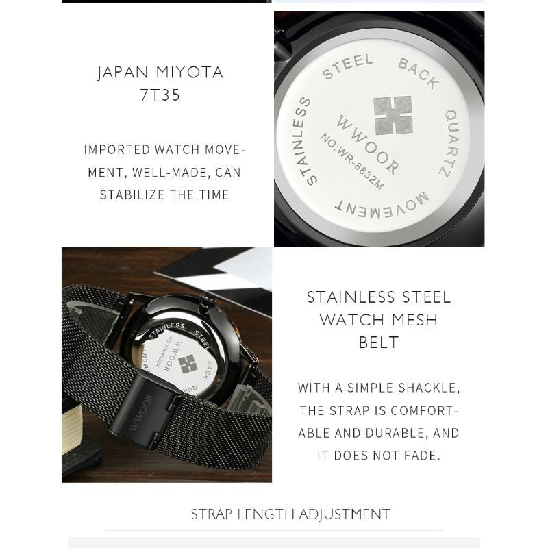 WWOOR Gold Watches Ultra Thin Simple Men Quartz Watches Waterproof Mesh Belt Full Stainless Steel Wristwatch