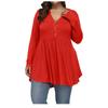 Women's Large Size Casual Solid Color V-neck Buttoned Waist And Large Hem Stitching Long-sleeved Loose T-shirt Top