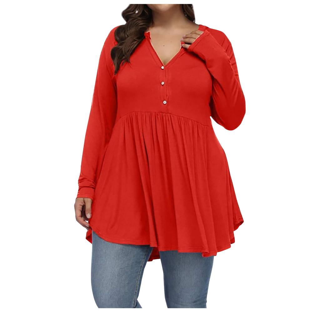 Women's Large Size Casual Solid Color V-neck Buttoned Waist And Large Hem Stitching Long-sleeved Loose T-shirt Top