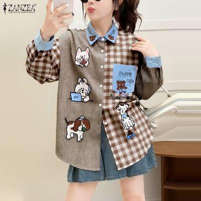 Women Casual Turn Down Collar Long Sleeve Plaid Print Blouse