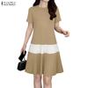 ZANZEA Women Casual Round Neck Short Sleeve Pleated Hem Summer Dress