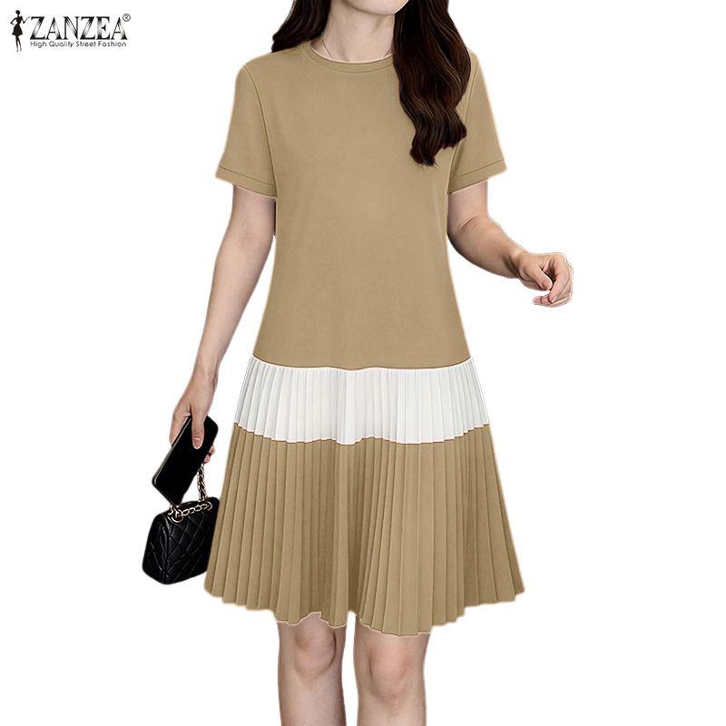 ZANZEA Women Casual Round Neck Short Sleeve Pleated Hem Summer Dress