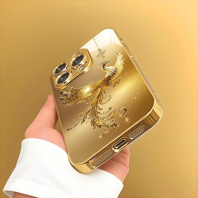 Diamond Golden Phoenix Pattern Gold Metallic Paint Glass Phone Case For iPhone 17 Pro Max 11 12 13 14 15 16 Plus 17Air 16E Cover