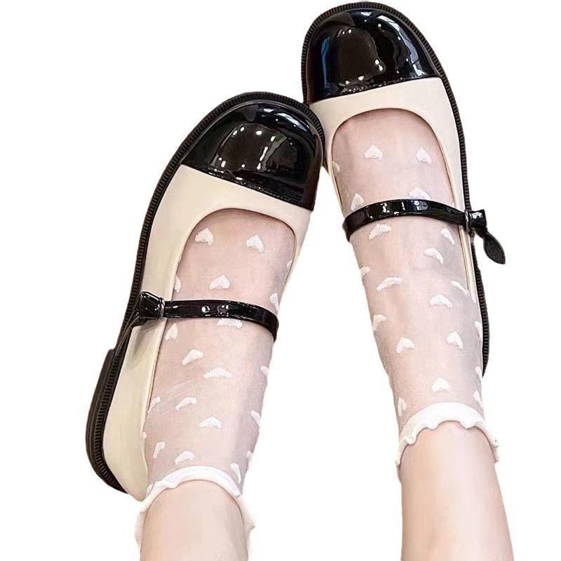 Japanese Lace Lolita Heart Frill Transparent Slouch Socks with Mary Jane Leather Shoes