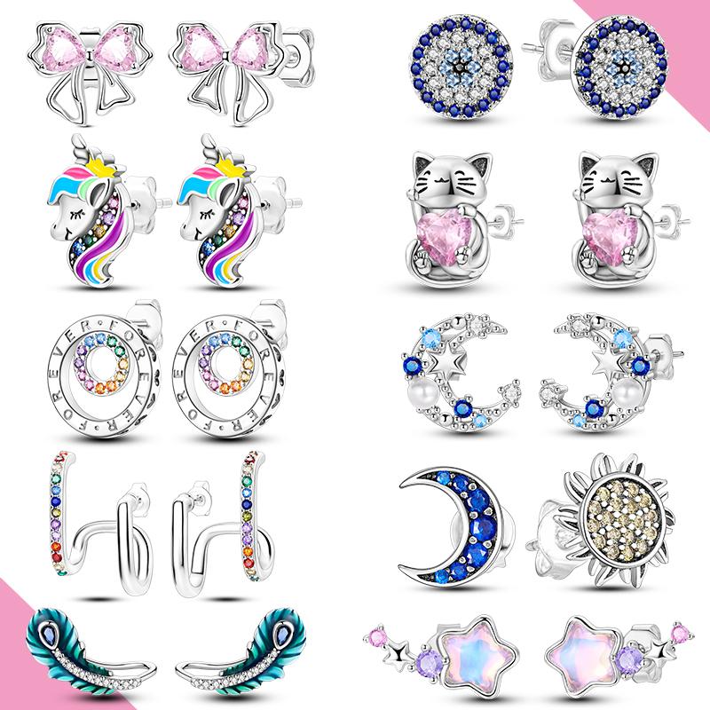 925 Silver Earring Stud For Women Moon Star Cat Design Wedding Party Jewelry Gift Original Handmade