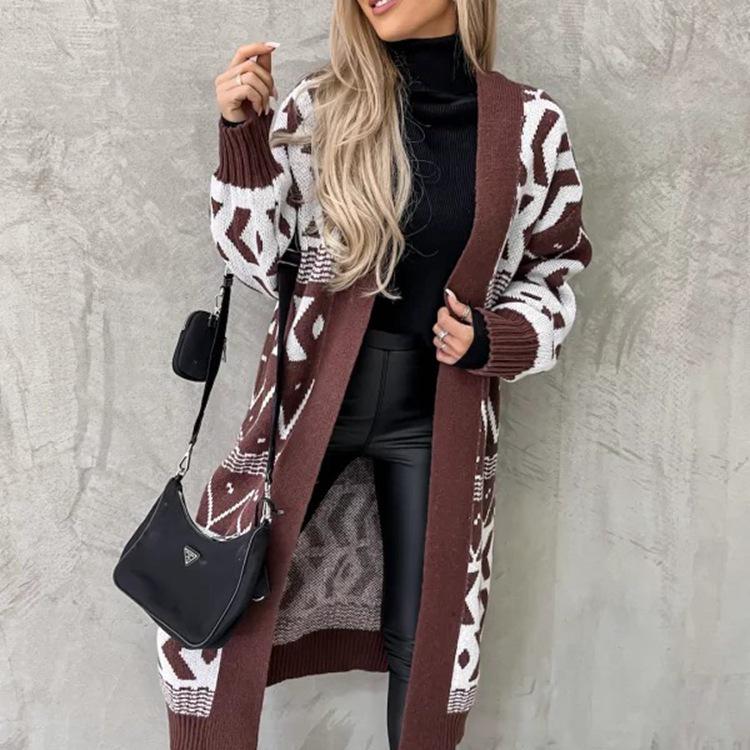 Damen Jacquard Strick V-Ausschnitt Locker Geometrischer Pullover Strickjacke - Herbst/Winter