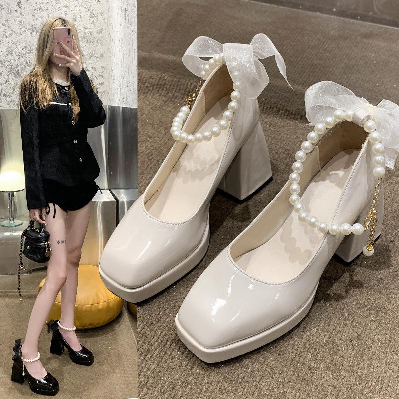 High-Heeled Small Leather Shoes Women'S Winter White French Wedding Shoes Retro Thick-Heeled Thick-Soled Raised Mary Jane Shoes