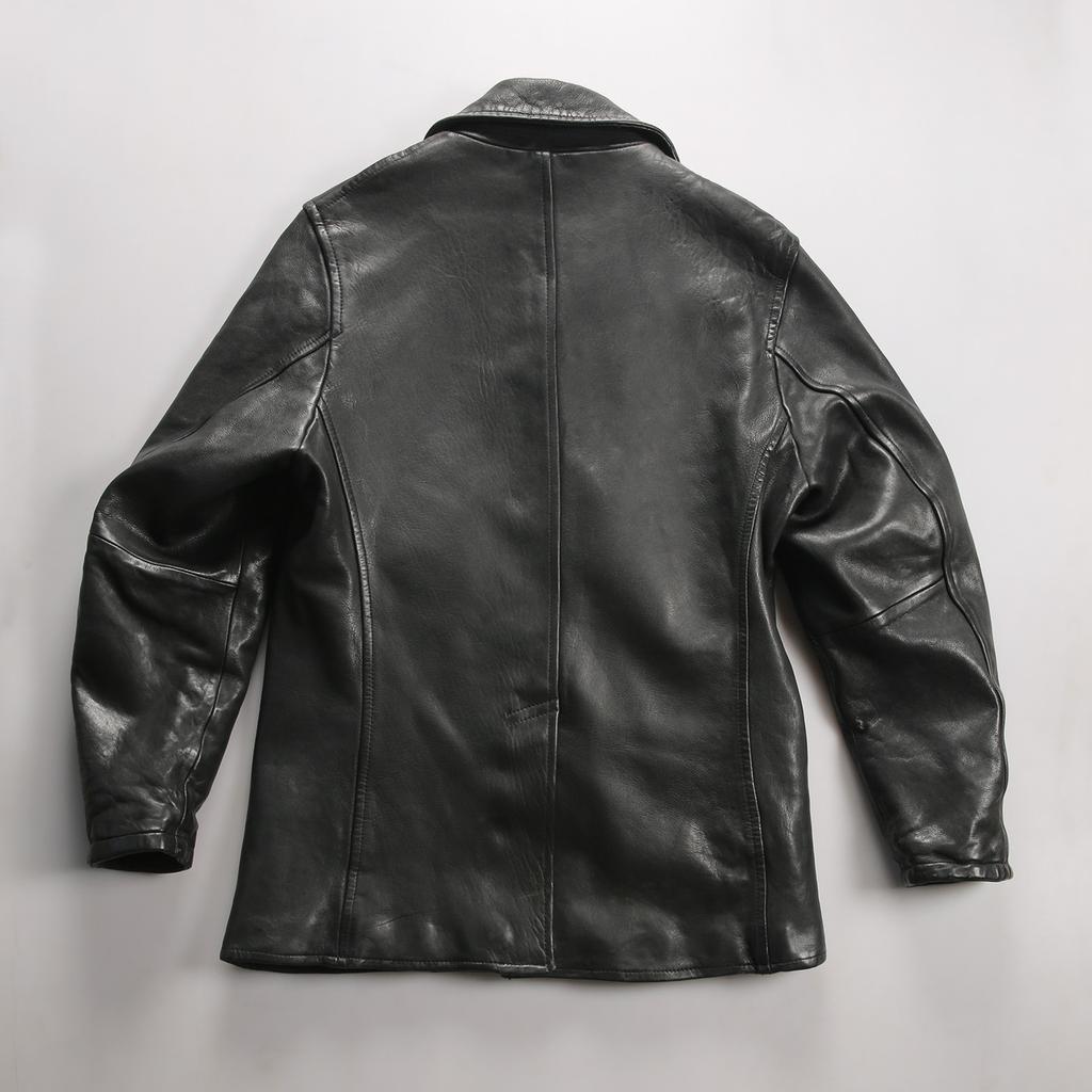Navy genuine leather coat men's lapel double-row horn button heavy-wash fully vegetable-tanned sheepskin jacket