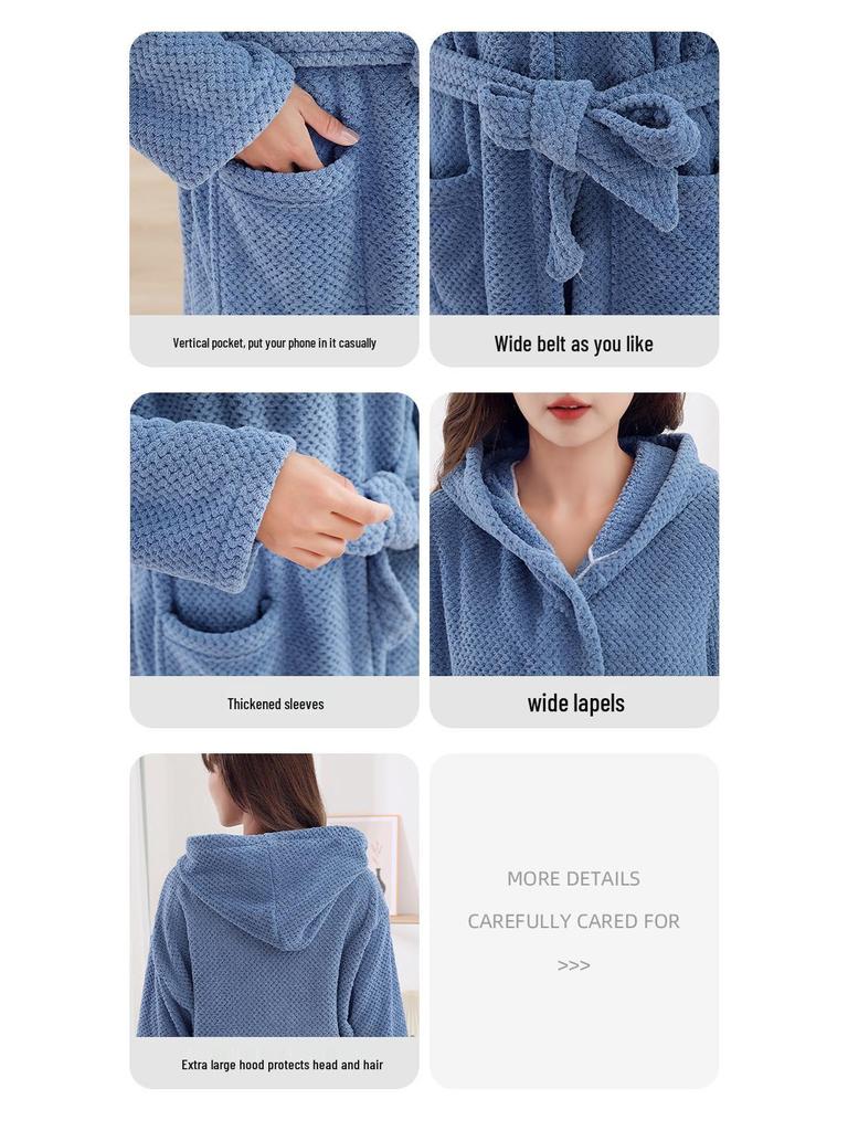 Four Seasons Merbau Hooded Coral Fleece Bathrobe: Thick, Wearable Bath Towel with Cross Tie and Long Sleeves.