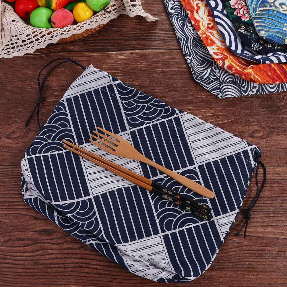 Outdoor Cotton linen Lunch Tote Pouch Drawstring Lunch Bag Food Hand Bags Japanese Style Lunch Box