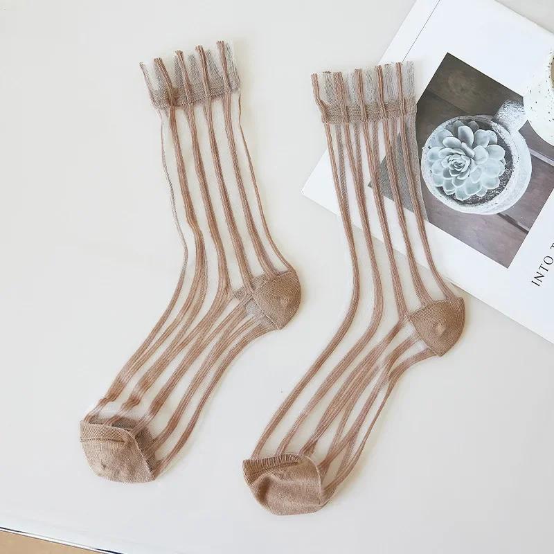 Summer Ultra-thin Women Socks Transparent Crystal Silk Socks Korean Fashion Striped Harajuku Streetwear Nylon Loose Long Socks