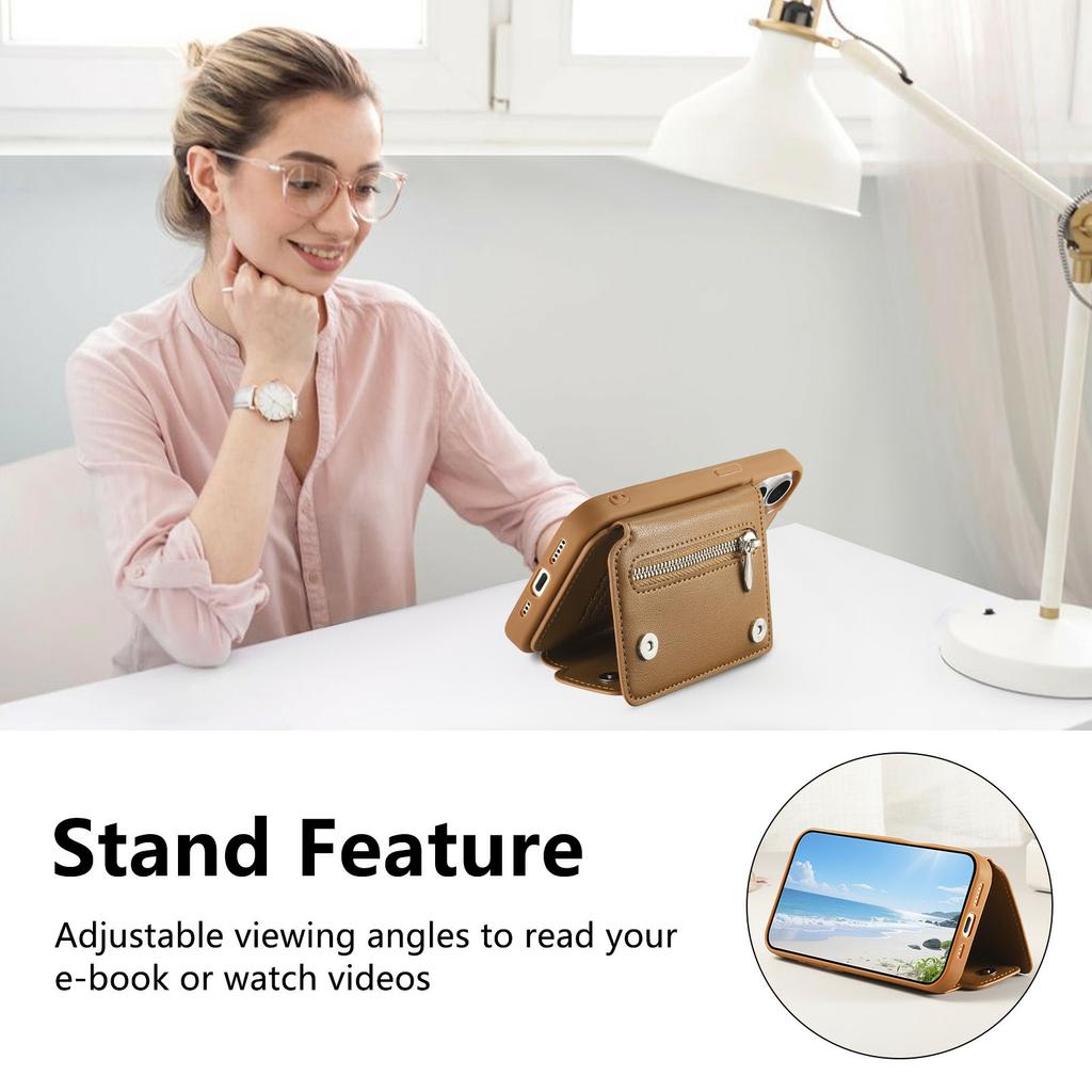 For iPhone 17 Pro Max Case D-Ring Holder Leather + PC + TPU Phone Cover with Wallet Kickstand