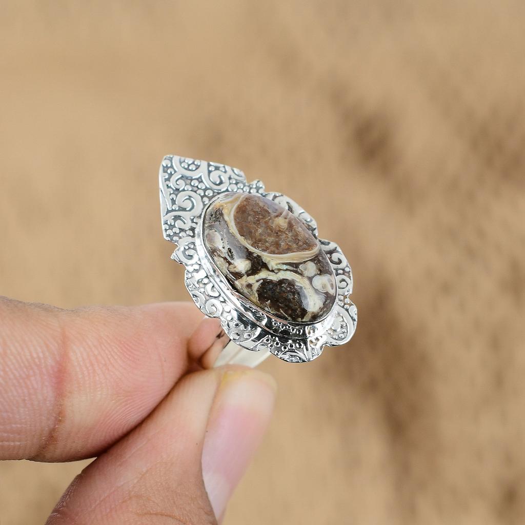 Natural Turritella Agate 925 Silver Multi Stone Adjustable Ring For Women