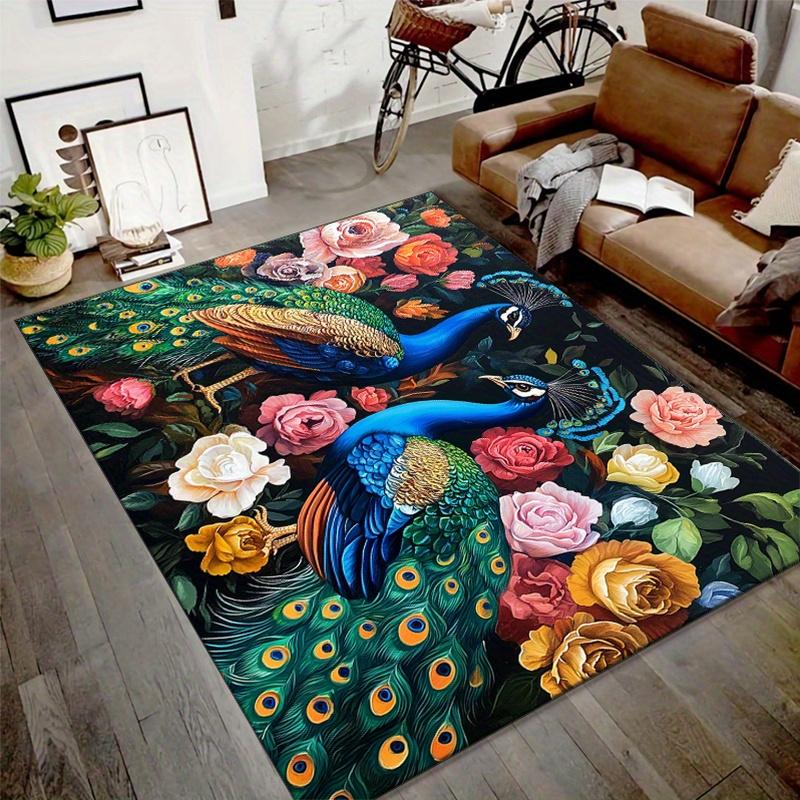 Polyester Area Rug - Double Peacock and Floral Print, Non-Slip, Home Decoration Accent Mat for Bedroom, Living Room, Soft Crystal Velvet, Mi