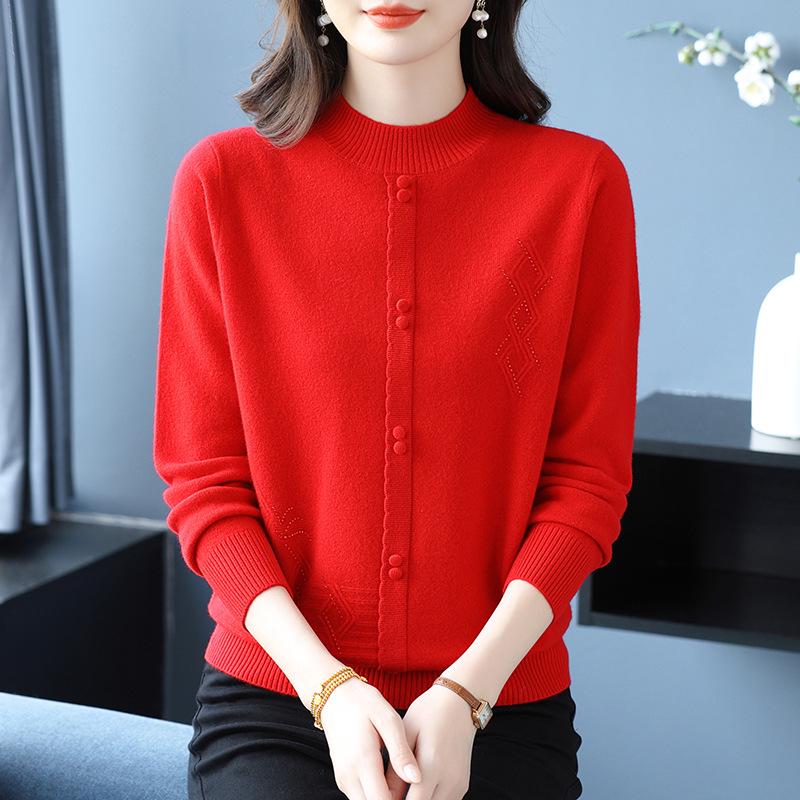 Petite Women's Autumn Winter Pure Wool Knit Sweater - Half-High Neck Base Layer for Middle-aged Moms