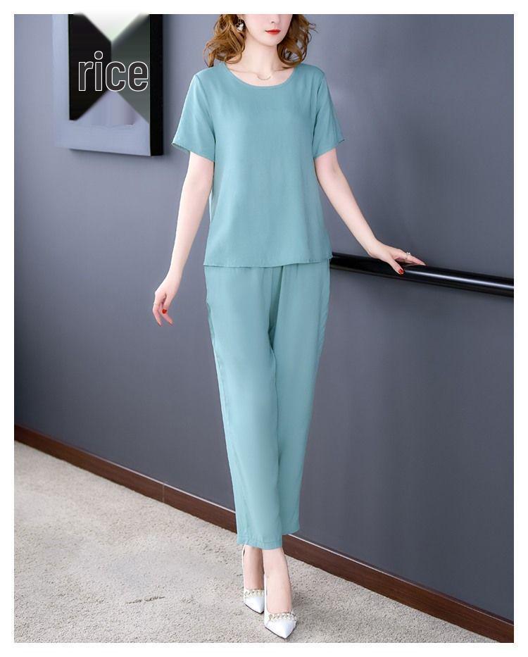 Summer Cotton Silk Women's Loose Two-Piece Set: Solid Color Short Sleeve Top and Long Pants, Plus Size Casual Wear.