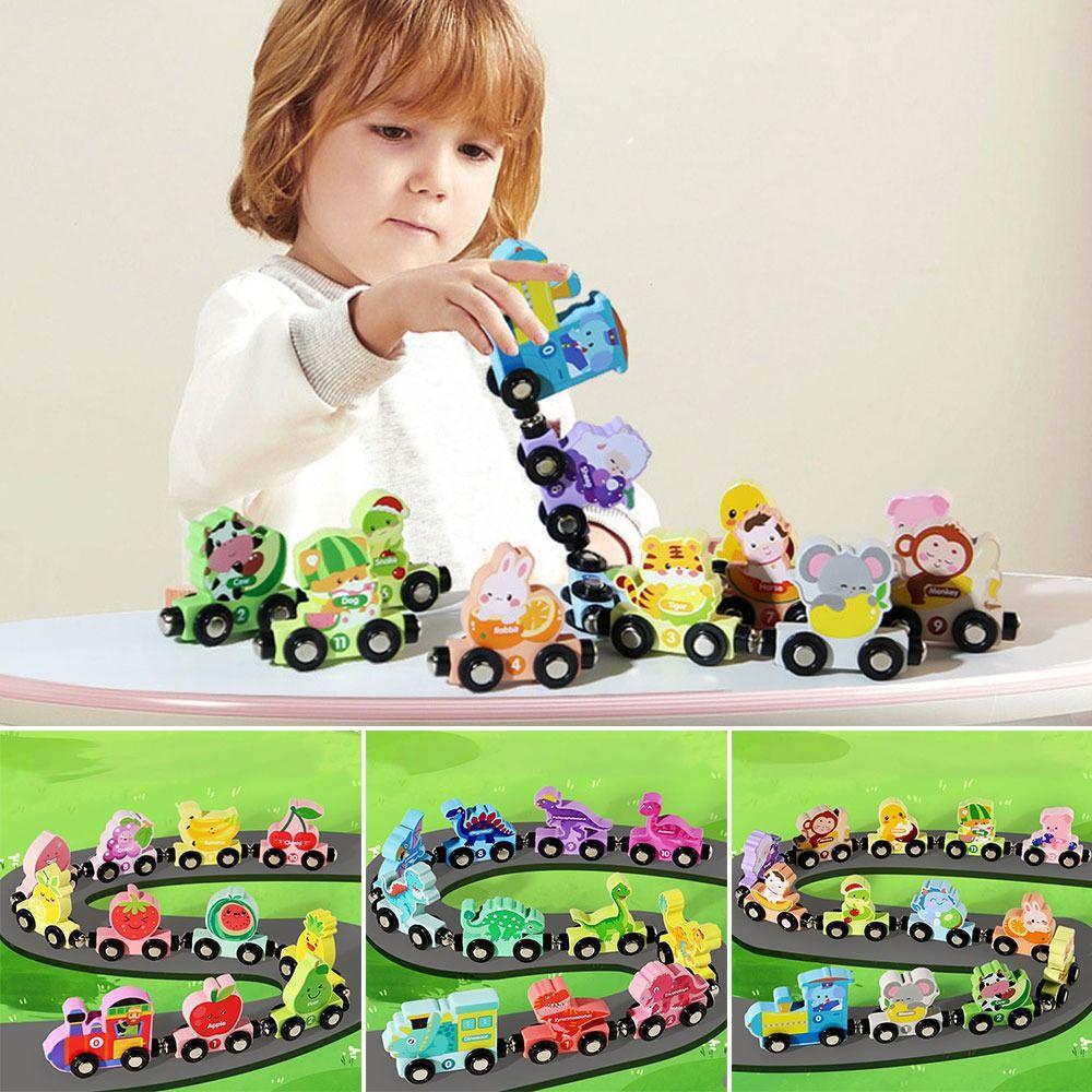 Colorful Magnetic Number Train Toys Wooden Fruit Animal DIY Train Model Number Dinosaur Montessori Cognition